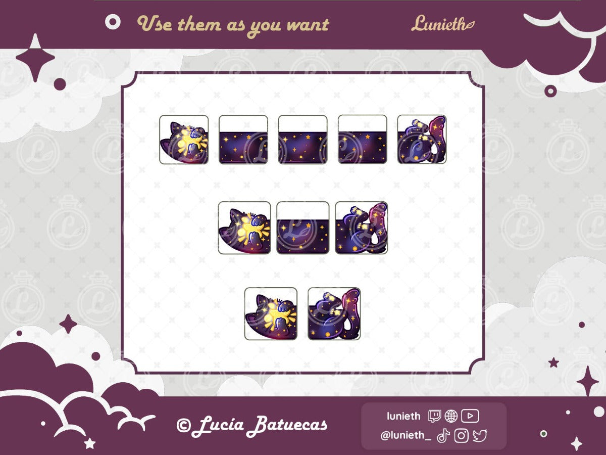 3 Purple Long Cosmic Cat holding a Star Emotes displayed in different ways showing how you can use them together.