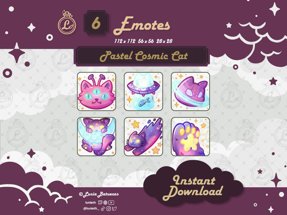 6 Lilac Cosmic Cat Emote designs Pack featuring: alien cat, cat saucer, cat planet, cat hanging on moon, comet cat and cosmic paw