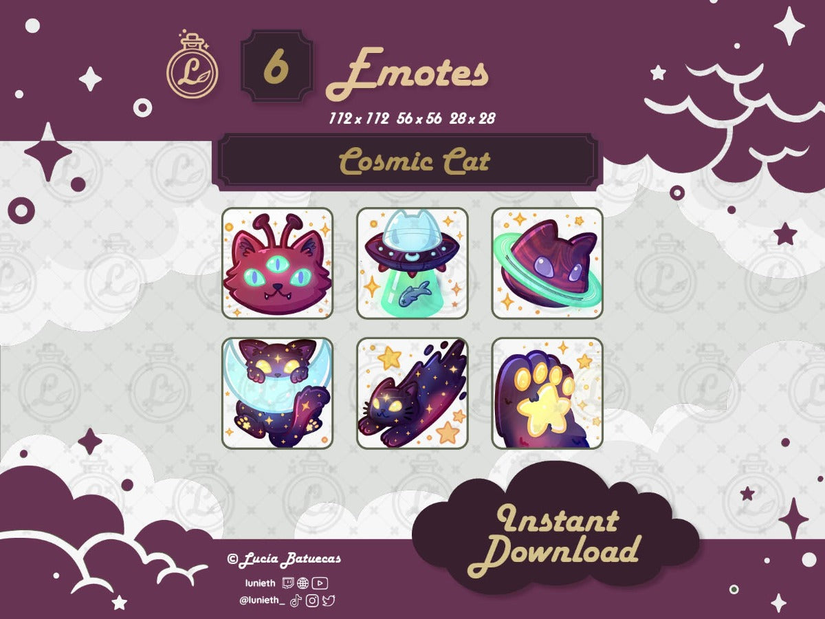 6 Purple Cosmic Cat Emote designs Pack featuring: alien cat, cat saucer, cat planet, cat hanging on moon, comet cat and cosmic paw