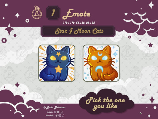 Choose your emote: Sitting Blue Cat with Gold Star orSitting Orange Cat with Blue Moon designs.