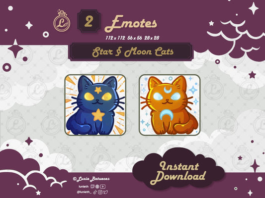 2 Matching Emotes: Sitting Blue Cat with Gold Star and Sitting Orange Cat with Blue Moon designs.