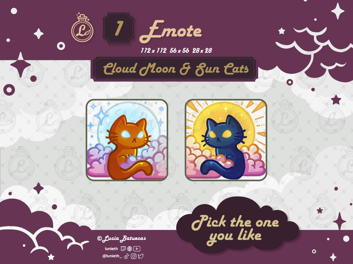 Matching Sitting Blue Cat with Sun and Clouds and Sitting Orange Cat with Blue Moon and Clouds designs.