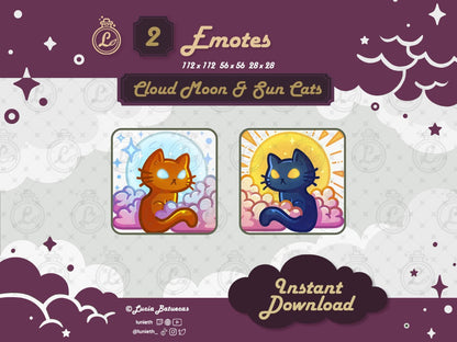 Matching Sitting Blue Cat with Sun and Clouds and Sitting Orange Cat with Blue Moon and Clouds designs.