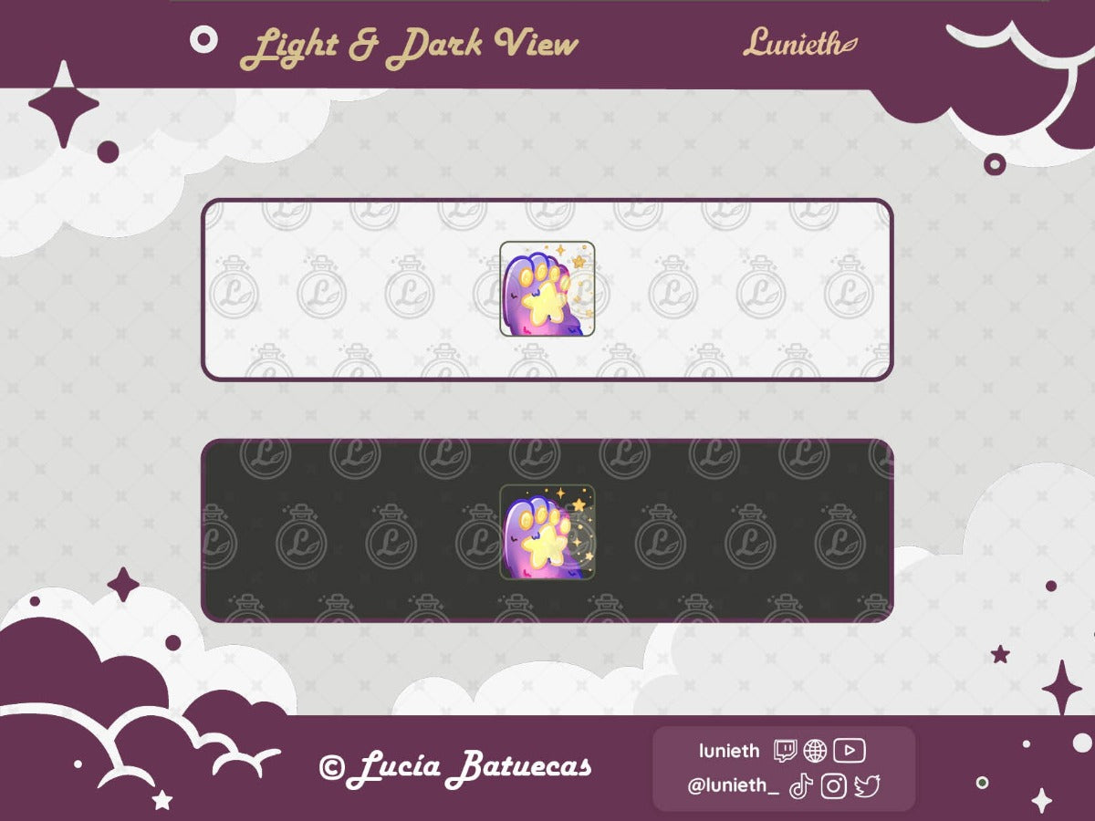 Lilac Cosmic Cat Paw with stars design displayed over light and dark background.