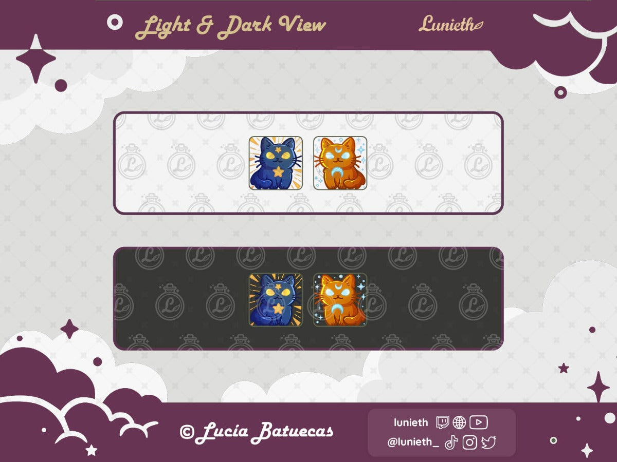 2 Matching Emotes: Sitting Blue Cat with Gold Star and Sitting Orange Cat with Blue Moon designs displayed over light and dark background.