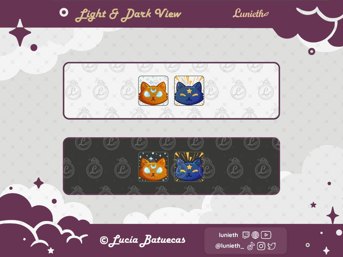 Blue Star Cat smiling with golden closed eyes and Orange Moon Cat with big blue open eyes designs shown over light and dark backgrounds.