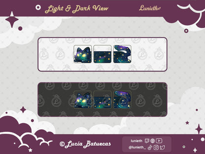 3 Emotes forming a Lying Blue Cosmic Long Cat designs displayed over light and dark background.