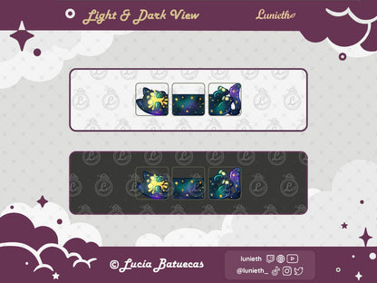 3 Emotes forming a Lying Blue Cosmic Long Cat holding a Star designs displayed over light and dark background.