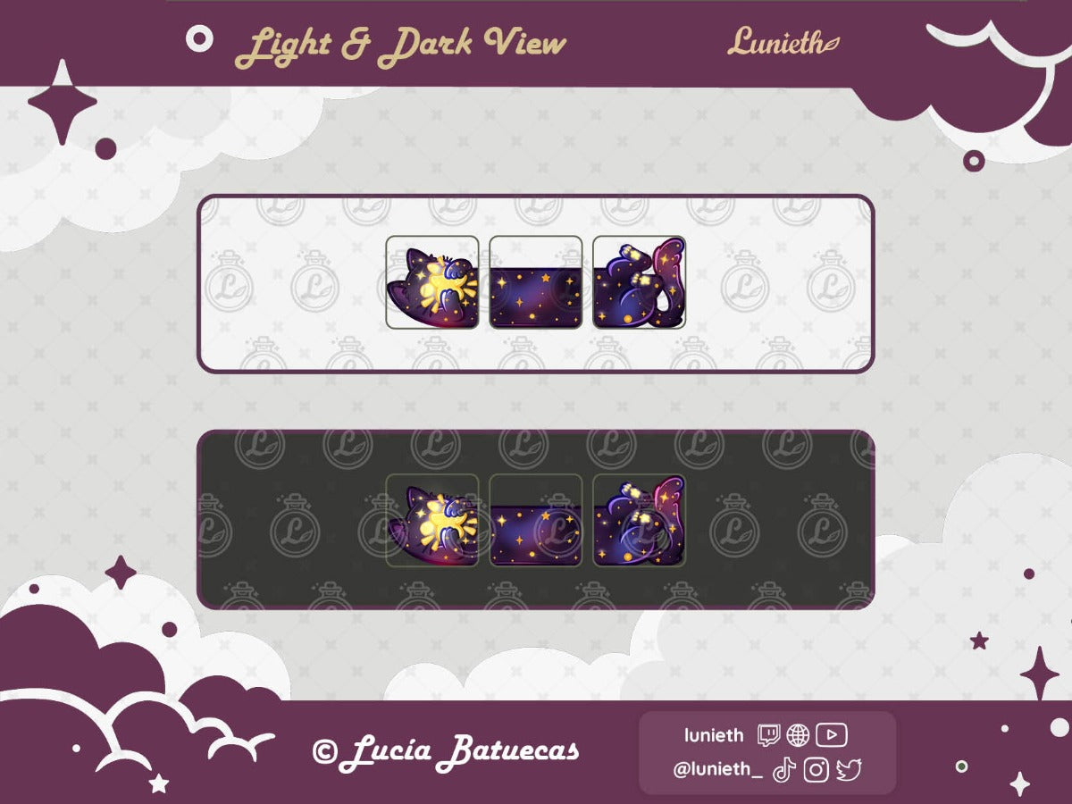 3 Emotes forming a Lying Purple Cosmic Long Cat holding a Star designs displayed over light and dark background.