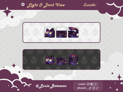 3 Emotes forming a Lying Purple Cosmic Long Cat designs displayed over light and dark background.