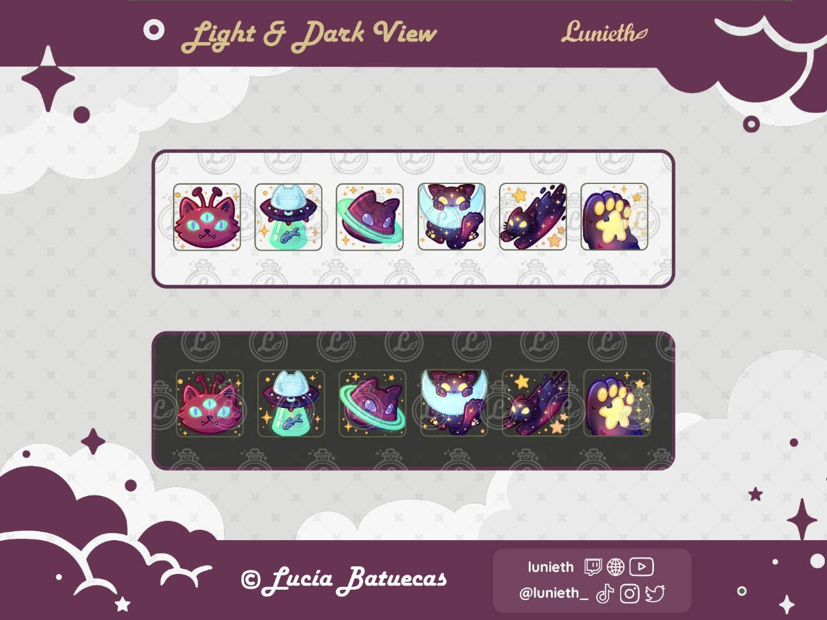 6 Purple Cosmic Cat Emote designs Pack featuring: alien cat, cat saucer, cat planet, cat hanging on moon, comet cat and cosmic paw displayed over light and dark background.