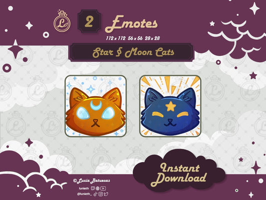 Blue Star Cat smiling with golden closed eyes and Orange Moon Cat with big blue open eyes designs.