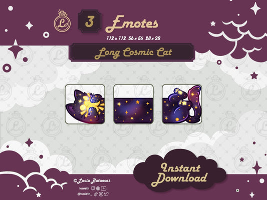 3 Emotes forming a Lying Purple Cosmic Long Cat holding a Star designs.