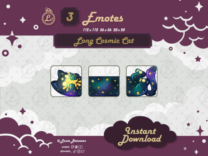 3 Emotes forming a Lying Blue Cosmic Long Cat holding a Star designs.