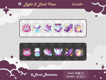 6 Lilac Cosmic Cat Emote designs Pack featuring: alien cat, cat saucer, cat planet, cat hanging on moon, comet cat and cosmic paw displayed over light and dark background.